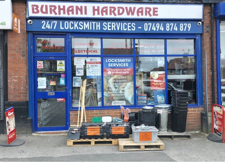 Burhani Hardware and Locksmith Services shopfront in Bradford offering 24/7 locksmith services