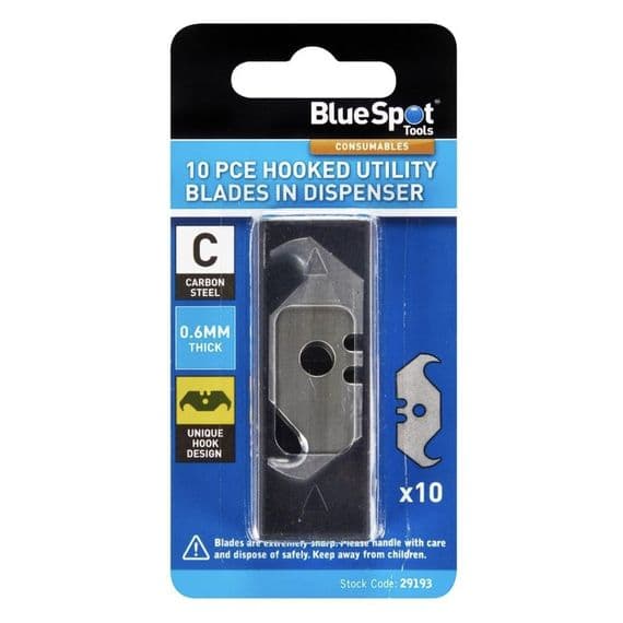 Blue Spot Tools hooked utility blades, pack of 10, product code 29193